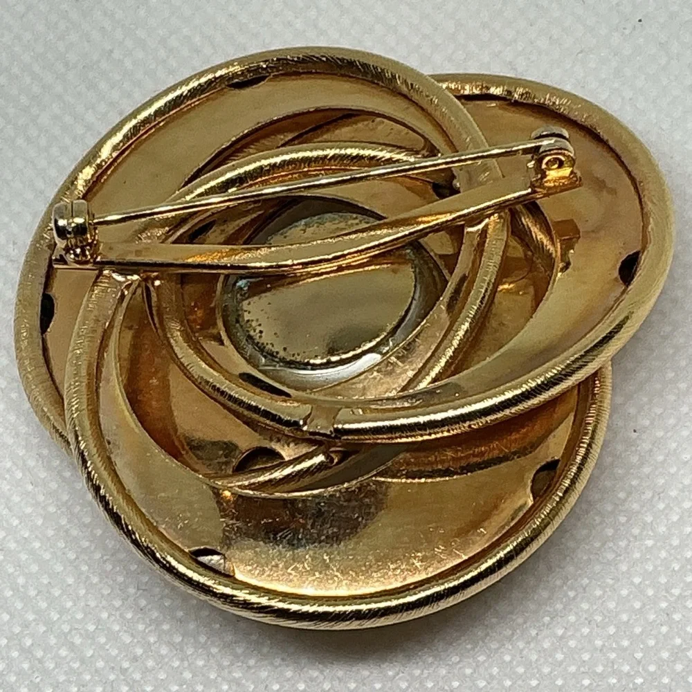 Vintage Gold Tone Brooch Lot Faux Pearl Flower & Textured Knot One Signed Monet
